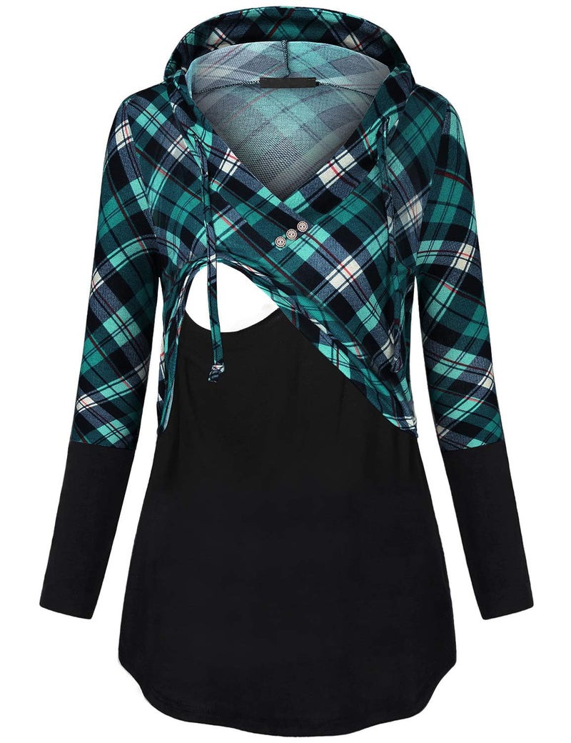 connche Quinee Nursing Sweatshirts for Breastfeeding, Pullover Hoodies for Women Kangaroo Pocket Maternity Shirts Long Sleeve Autumn Thin Tunic Tops for Leggings Black Blue Plaid S - Image 1